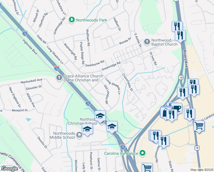 map of restaurants, bars, coffee shops, grocery stores, and more near 8055 Old London in North Charleston