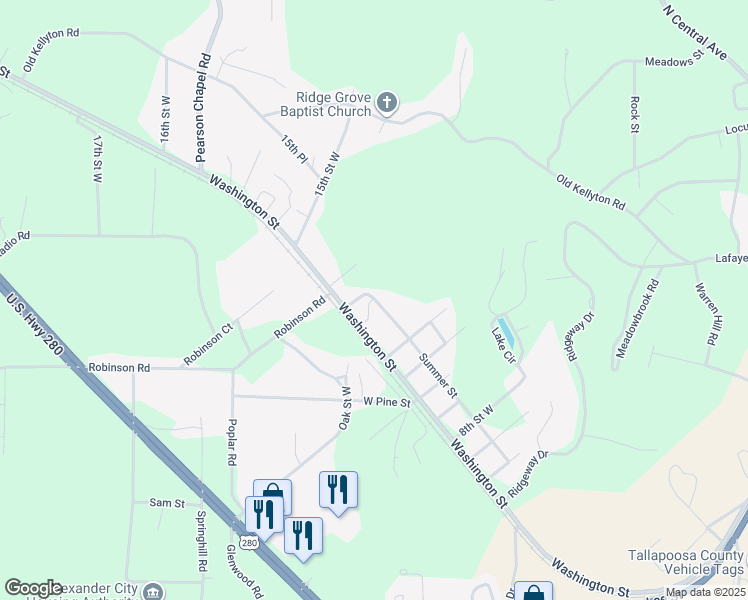 map of restaurants, bars, coffee shops, grocery stores, and more near 1964 Summer Street in Alexander City