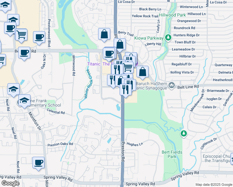 map of restaurants, bars, coffee shops, grocery stores, and more near 14785 Preston Road in Dallas