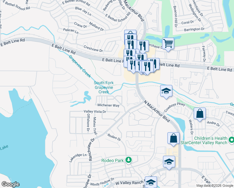 map of restaurants, bars, coffee shops, grocery stores, and more near 10600 Faulkner Point Way in Irving
