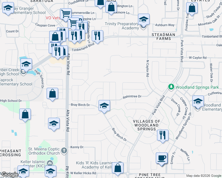 map of restaurants, bars, coffee shops, grocery stores, and more near 12204 Vienna Apple Road in Fort Worth