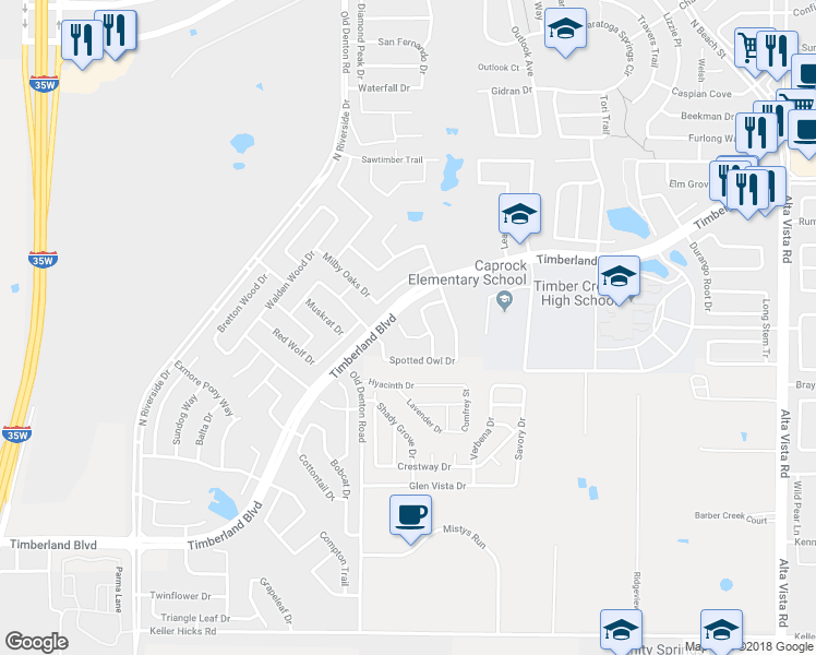 map of restaurants, bars, coffee shops, grocery stores, and more near 3021 Thicket Bend Court in Fort Worth