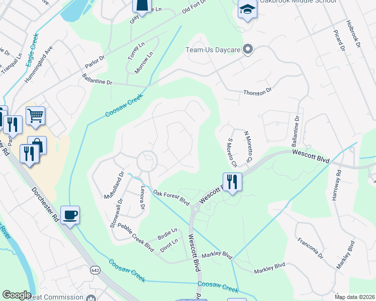 map of restaurants, bars, coffee shops, grocery stores, and more near 9609 North Carousel Circle in Summerville