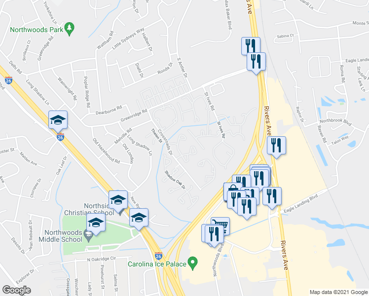 map of restaurants, bars, coffee shops, grocery stores, and more near 7650 Crossroads Drive in Charleston
