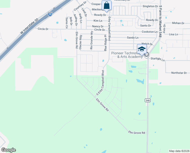 map of restaurants, bars, coffee shops, grocery stores, and more near 2714-3754 Elm Grove Road in Royse City