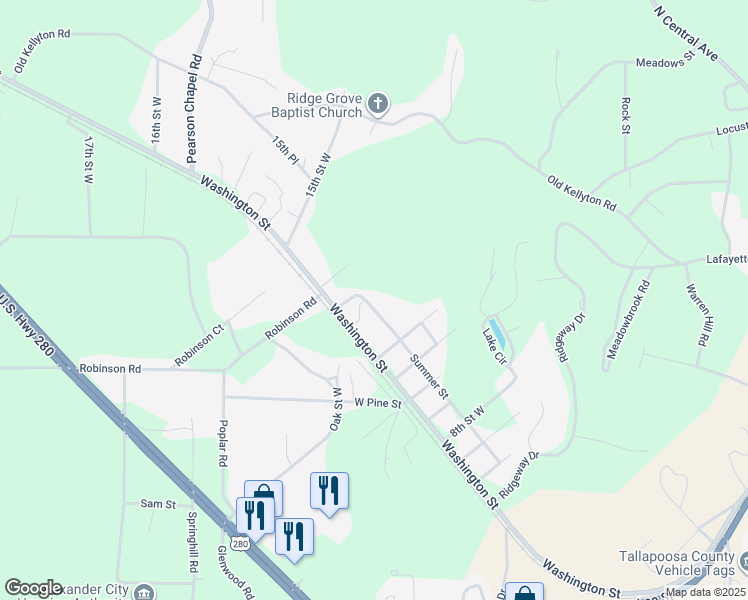 map of restaurants, bars, coffee shops, grocery stores, and more near 1964 Summer Street in Alexander City