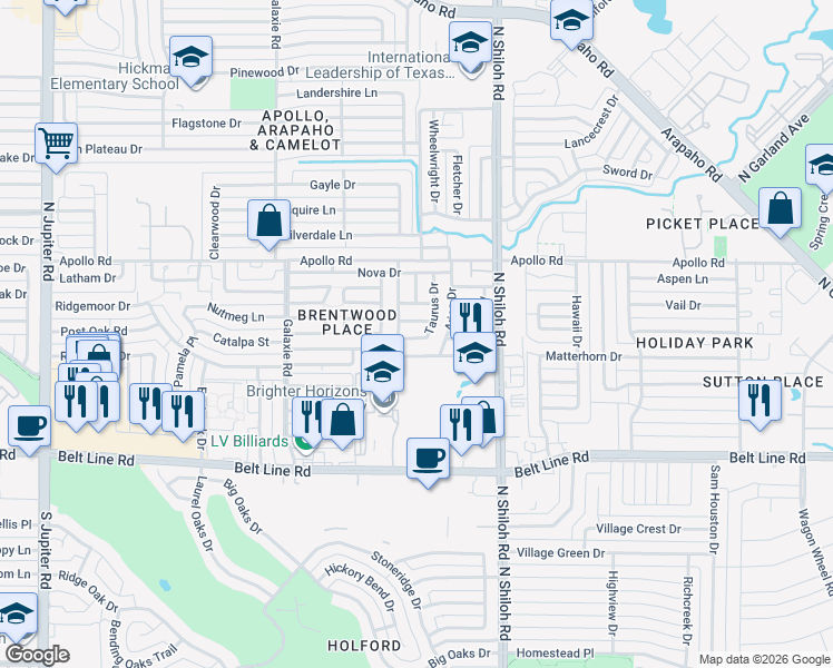 map of restaurants, bars, coffee shops, grocery stores, and more near 3401 Taurus Drive in Garland