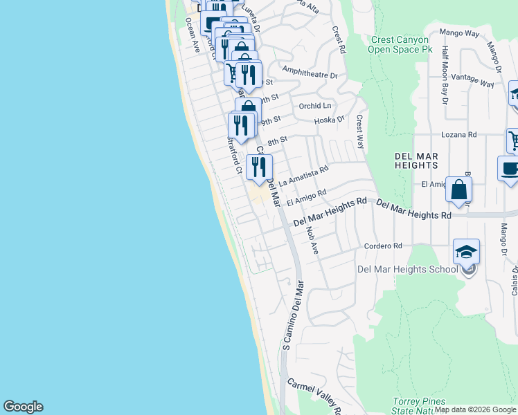 map of restaurants, bars, coffee shops, grocery stores, and more near 517 1/2 Stratford Court in Del Mar