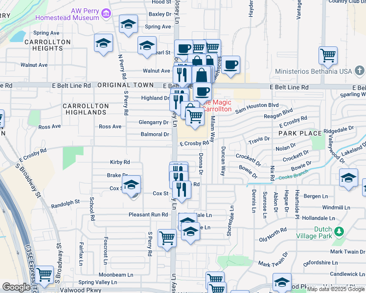 map of restaurants, bars, coffee shops, grocery stores, and more near 1904 East Crosby Road in Carrollton