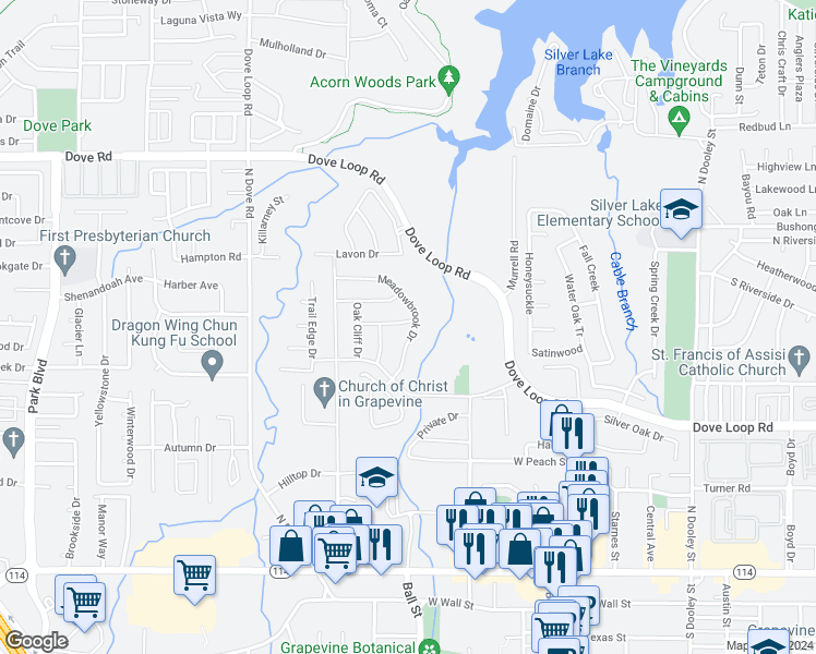 map of restaurants, bars, coffee shops, grocery stores, and more near 1001 Shady Oak Drive in Grapevine