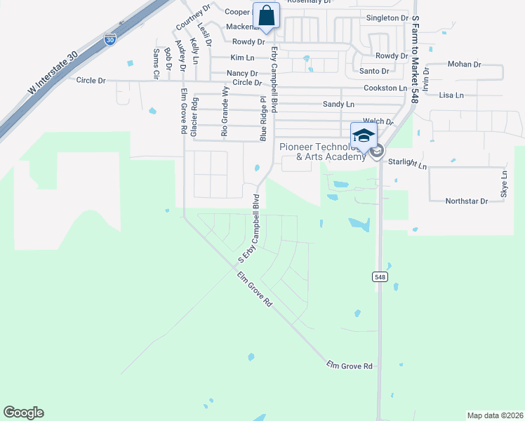 map of restaurants, bars, coffee shops, grocery stores, and more near 2947 Elm Grove Road in Royse City