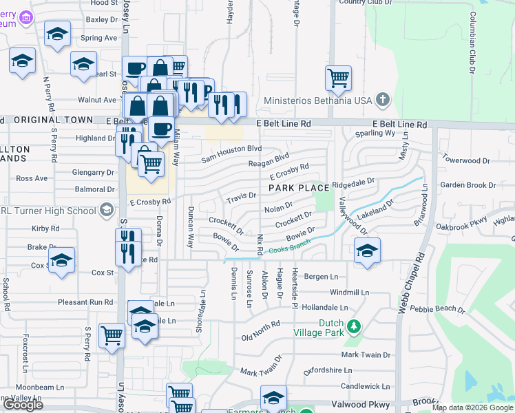 map of restaurants, bars, coffee shops, grocery stores, and more near 2135 Nolan Drive in Carrollton