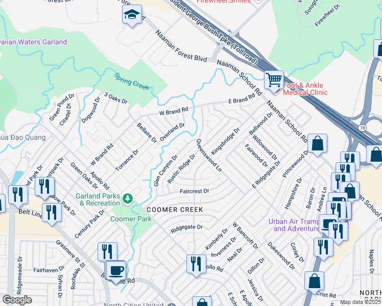map of restaurants, bars, coffee shops, grocery stores, and more near 213 Rustic Ridge Drive in Garland