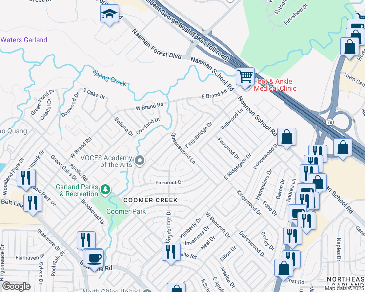 map of restaurants, bars, coffee shops, grocery stores, and more near 145 Kingsbridge Drive in Garland