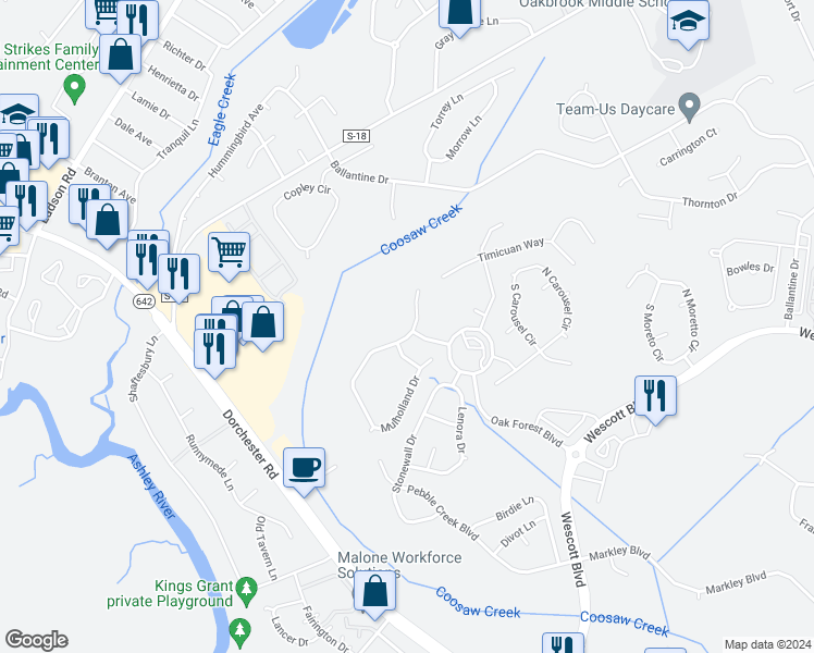 map of restaurants, bars, coffee shops, grocery stores, and more near 5292 Mulholland Dr in Summerville