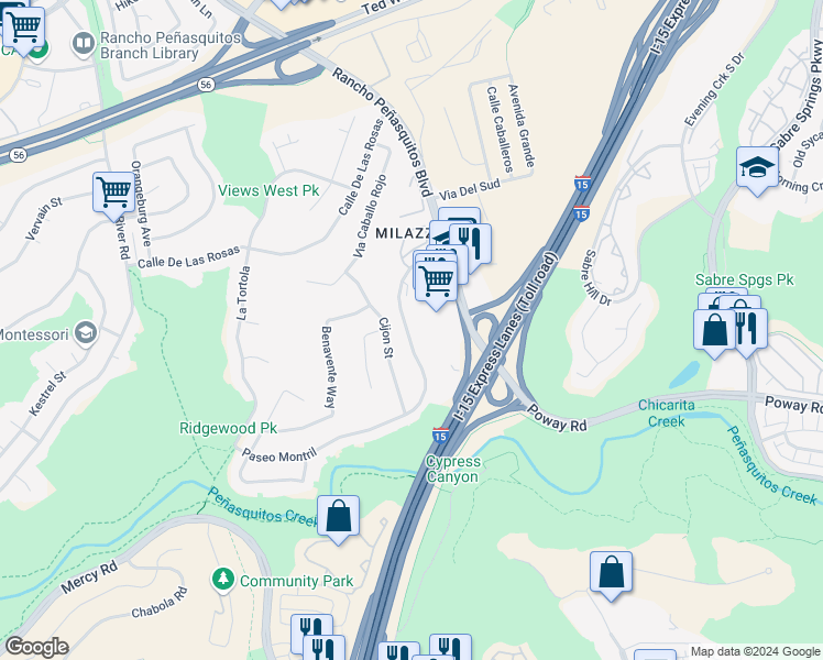 map of restaurants, bars, coffee shops, grocery stores, and more near 9951 Paseo Montril in San Diego