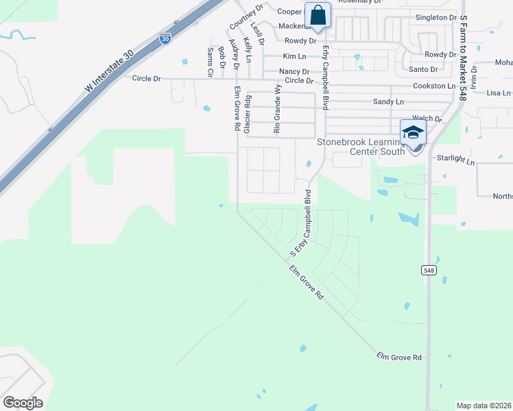 map of restaurants, bars, coffee shops, grocery stores, and more near 3015 Elm Grove Road in Royse City