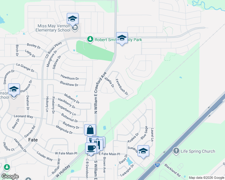 map of restaurants, bars, coffee shops, grocery stores, and more near 106 Tanglewood Drive in Royse City