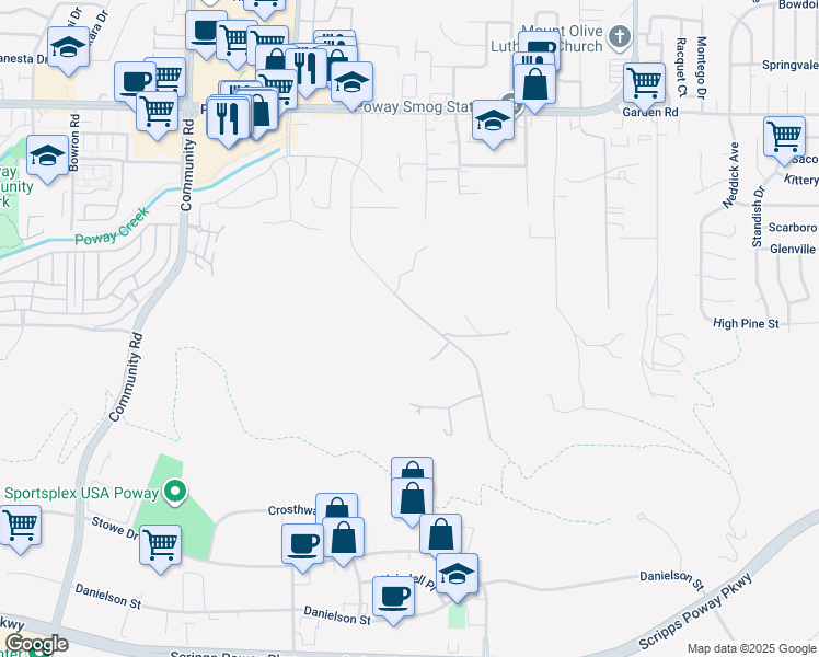 map of restaurants, bars, coffee shops, grocery stores, and more near 12792 Gate Drive in Poway