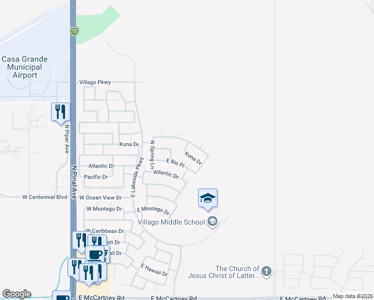 map of restaurants, bars, coffee shops, grocery stores, and more near 466 East Kona Drive in Casa Grande