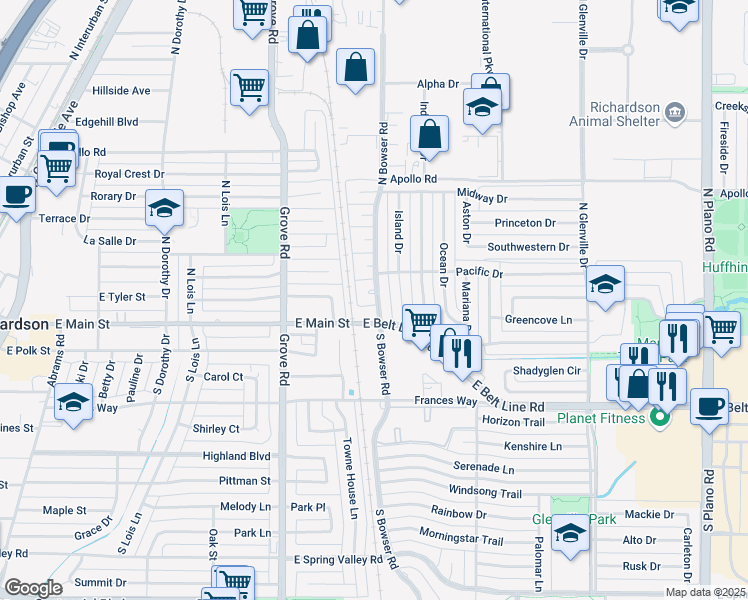 map of restaurants, bars, coffee shops, grocery stores, and more near 111 North Bowser Road in Richardson