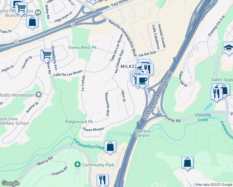 map of restaurants, bars, coffee shops, grocery stores, and more near 12760 Mengibar Avenue in San Diego