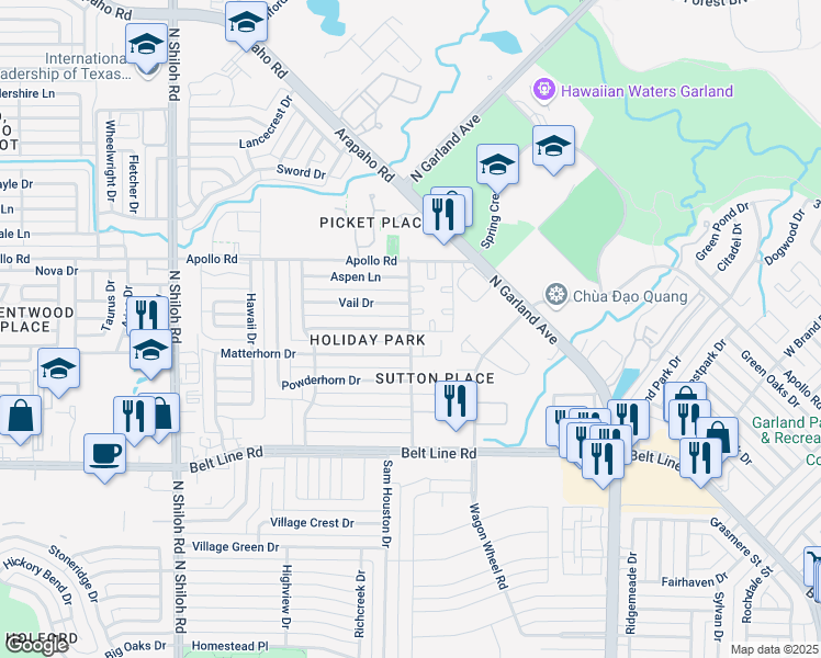 map of restaurants, bars, coffee shops, grocery stores, and more near Steamboat Springs Drive in Garland