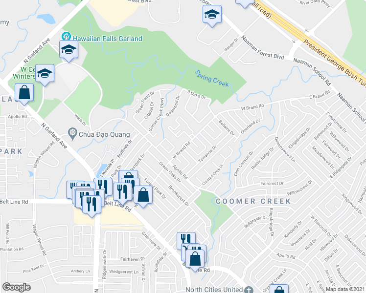 map of restaurants, bars, coffee shops, grocery stores, and more near 991 West Brand Road in Garland