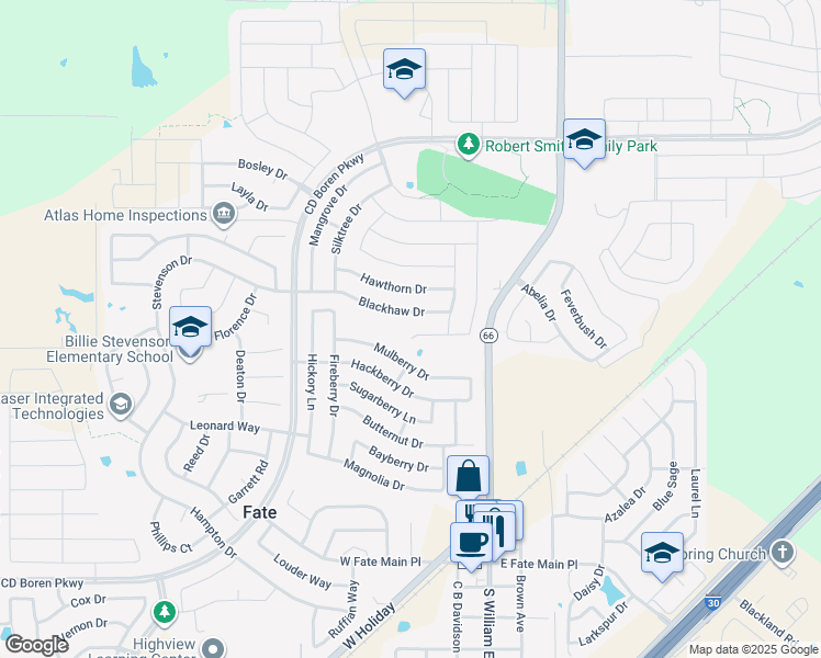 map of restaurants, bars, coffee shops, grocery stores, and more near 304 Plum Tree Drive in Rockwall