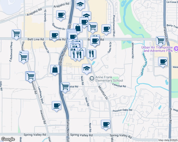 map of restaurants, bars, coffee shops, grocery stores, and more near 5225 Verde Valley Lane in Dallas