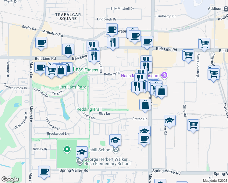 map of restaurants, bars, coffee shops, grocery stores, and more near 4013 Bobbin Lane in Addison