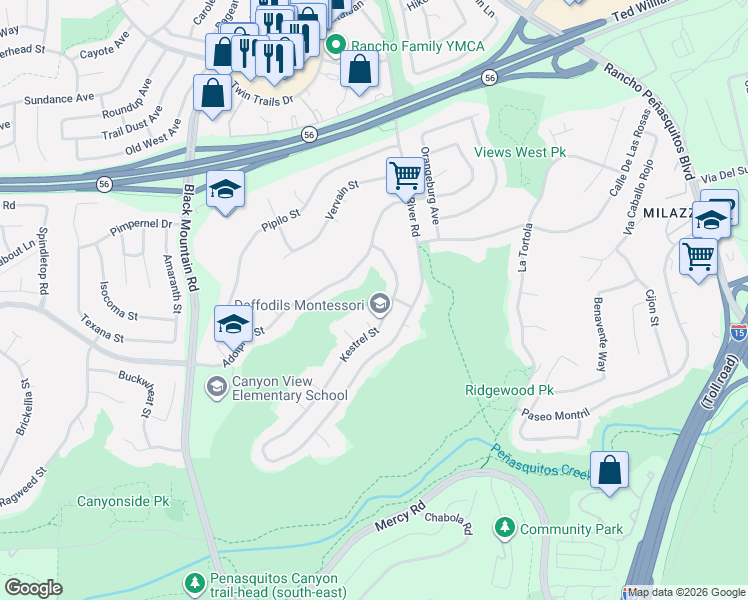 map of restaurants, bars, coffee shops, grocery stores, and more near 12692 Kestrel Street in San Diego
