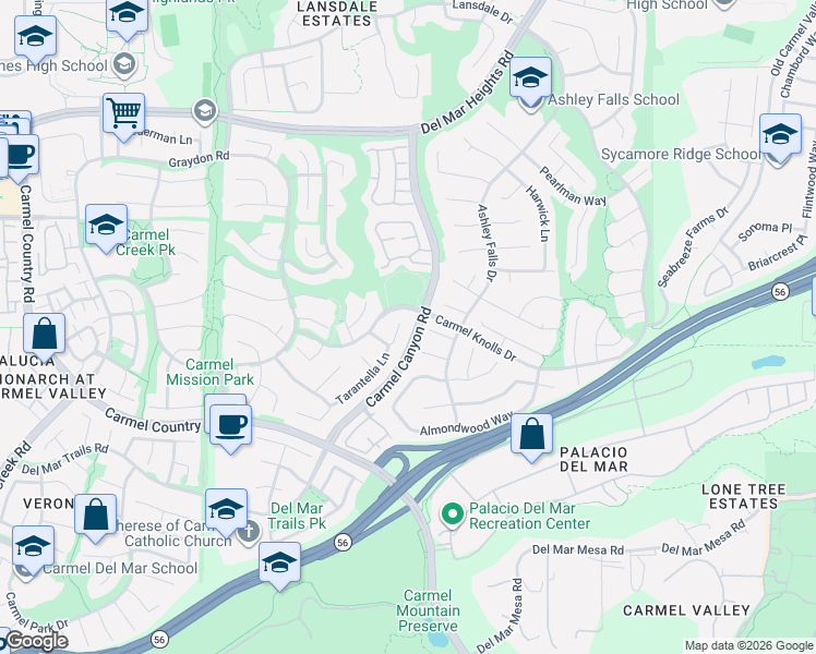 map of restaurants, bars, coffee shops, grocery stores, and more near 4826 Tarantella Lane in San Diego