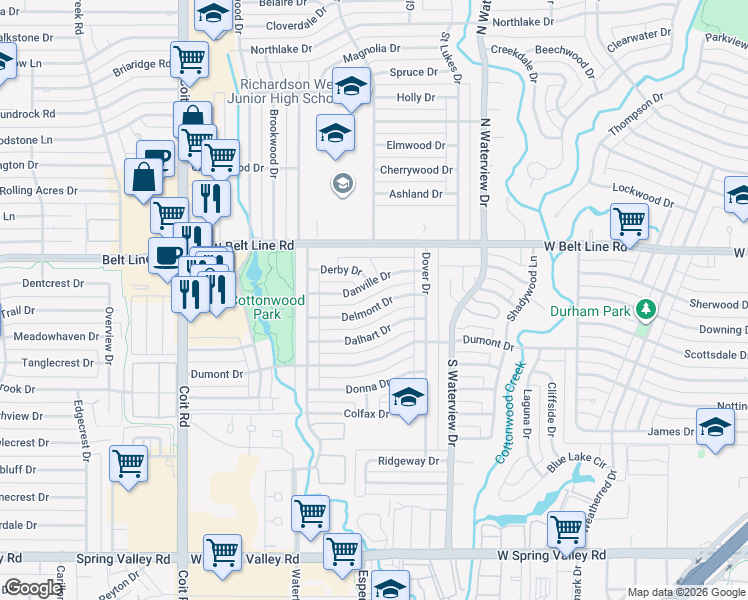 map of restaurants, bars, coffee shops, grocery stores, and more near 1227 Delmont Drive in Richardson