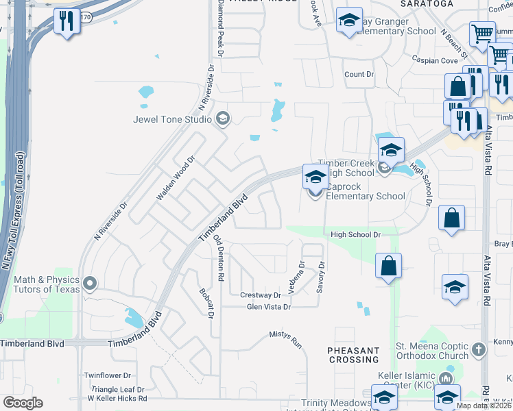 map of restaurants, bars, coffee shops, grocery stores, and more near 3021 Thicket Bend Court in Fort Worth