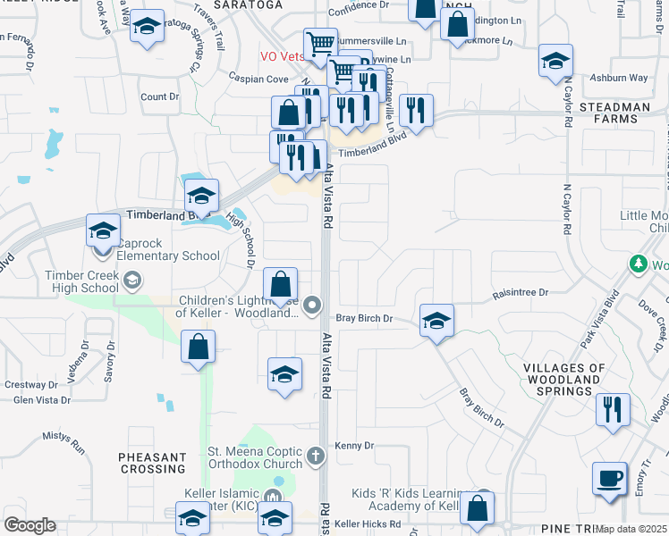 map of restaurants, bars, coffee shops, grocery stores, and more near 12145 Angelfood Lane in Fort Worth