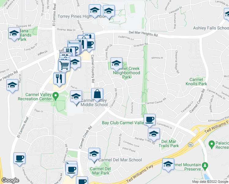 map of restaurants, bars, coffee shops, grocery stores, and more near 12769 Via Terceto in San Diego