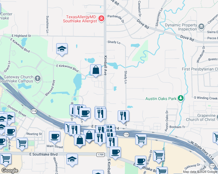 map of restaurants, bars, coffee shops, grocery stores, and more near 2202 Cotswold Valley Court in Southlake