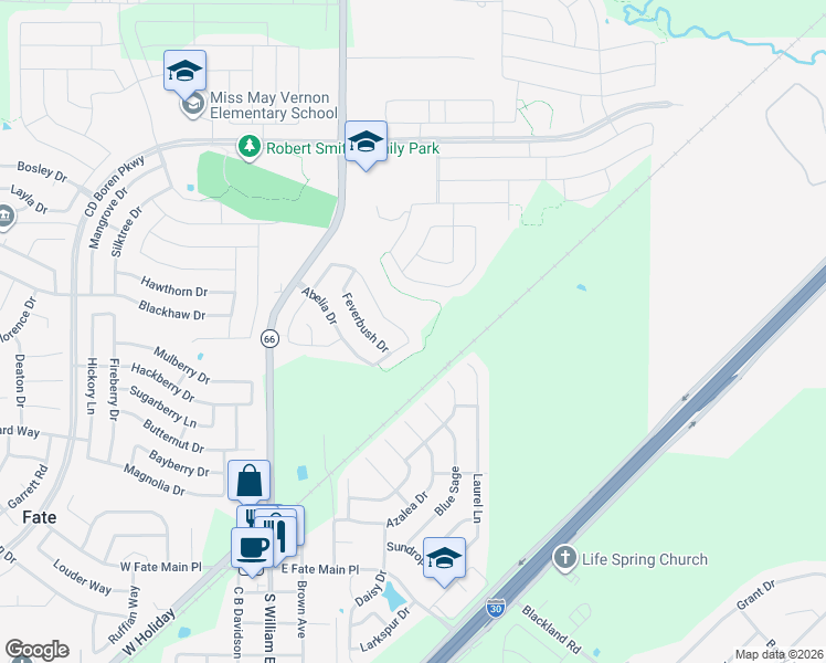 map of restaurants, bars, coffee shops, grocery stores, and more near 105 Waxberry Drive in Fate