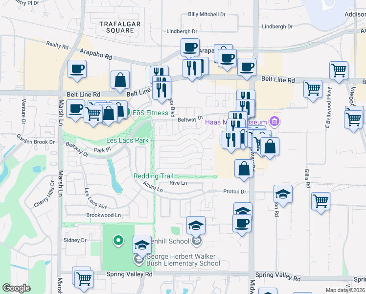 map of restaurants, bars, coffee shops, grocery stores, and more near 4013 Bobbin Lane in Addison