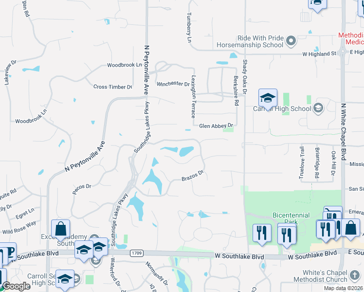 map of restaurants, bars, coffee shops, grocery stores, and more near 903 Brazos Drive in Southlake