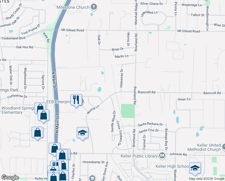 map of restaurants, bars, coffee shops, grocery stores, and more near 1000 Norma Lane in Keller