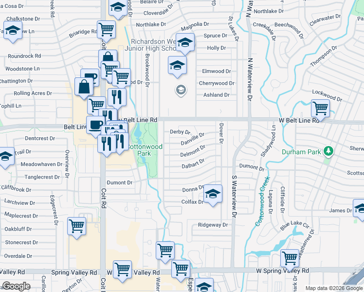 map of restaurants, bars, coffee shops, grocery stores, and more near 1243 Danville Drive in Richardson