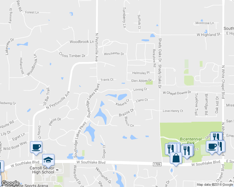 map of restaurants, bars, coffee shops, grocery stores, and more near 903 Brazos Dr in Southlake