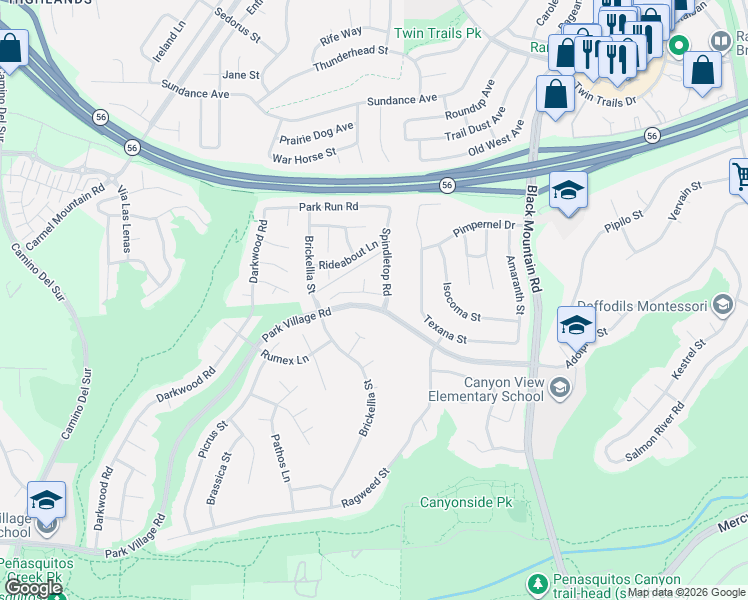 map of restaurants, bars, coffee shops, grocery stores, and more near 12516 Spindletop Road in San Diego