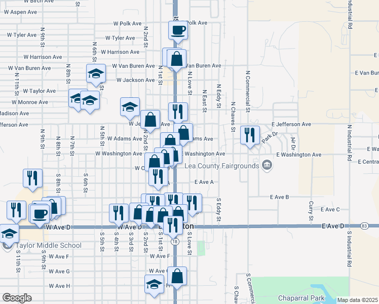 map of restaurants, bars, coffee shops, grocery stores, and more near 209 North Love Street in Lovington