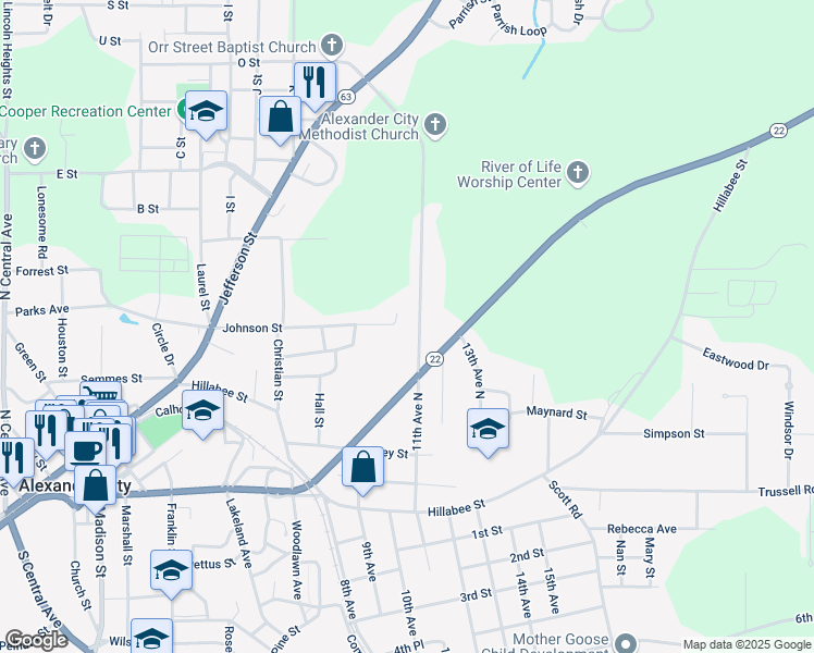 map of restaurants, bars, coffee shops, grocery stores, and more near 509 11th Avenue North in Alexander City