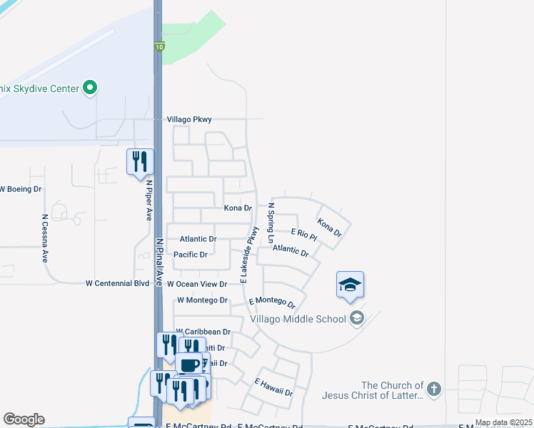 map of restaurants, bars, coffee shops, grocery stores, and more near 283 East Kona Drive in Casa Grande