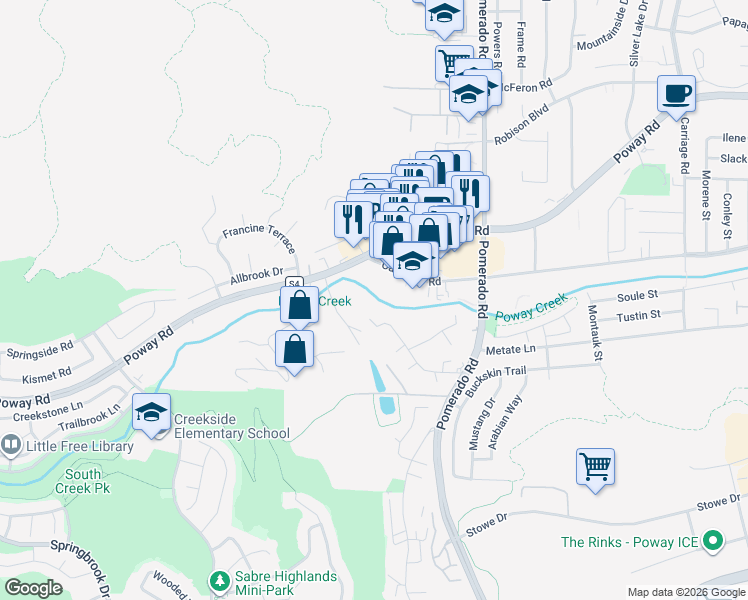 map of restaurants, bars, coffee shops, grocery stores, and more near 12805 Beeler Creek Trail in Poway