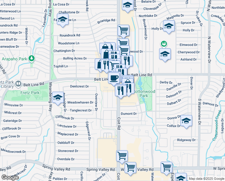 map of restaurants, bars, coffee shops, grocery stores, and more near 14748 Las Flores Drive in Dallas